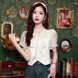 Women's Blouses Summer French Sweet Chiffon Shirt Short Sleeve White Women Top Bow Ribbon Slim Bubble Clothing