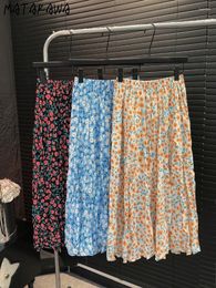 Skirts Matakawa Floral Pleated For Women A-line Spring Summer Elegant Sweet Faldas Mujer Korean Fashion Retro Long Skirt