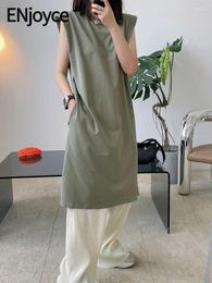 Casual Dresses ENjoyce Summer Vintage Shoulder Pad Sleeveless Midi Dress Women Korean Fashion A-line Long T-Shirt Y2k Streetwear