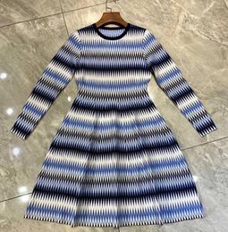 Casual Dresses Women Long Sleeve O-neck Wave Stripes Knitted Wool Blended Mini Sweater Dress