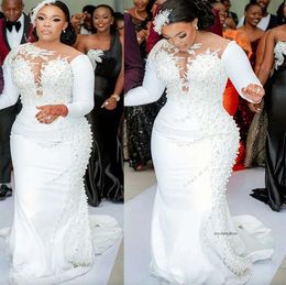 2023 Plus Size Arabic Aso Ebi Luxurious Lace Pearls Wedding Dress Sheer Neck Satin Bridal Gowns Dresses 0509
