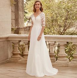 Elegant Boho Wedding Dress For Women 2024 V-neck Half Sleeves Lace Appliques Chiffon Bridal Party Gowns Vestidos De Novia