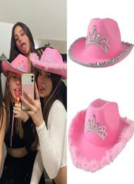 Wide Brim Hats 2022 Western Style Pink Cowboy Hat Tiara Cowgirl Cap For Women Girl Birthday Costume Party8055614