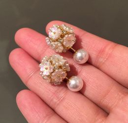 Fashion unique luxury designer lovely pretty shell flower diamond pearl elegant stud earrings for woman girls double sided1249145