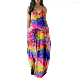 Casual Dresses Women's Maxi Dress Floral Print Twisted V Neck Sleeveless Long Summer High Waisted Colourful Tie Dyeing Wear