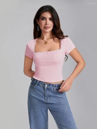 Women's T Shirts Women S Summer Crop Tee Solid Colour Lace Trim Cap Sleeve Square Neck Show Navel Tops Trendy Streetwear