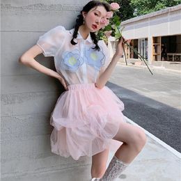 Work Dresses Pink Skirt Baby Doll For Woman Two-piece Suit Fairy Garden Shirt Top Net Gauze Puffy Korean Kawaii Lolita Tops
