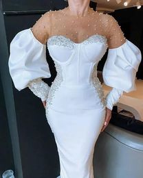 Party Dresses Elegant White O Neck Evening Long Sleeves Pearls Beaded Arabic Formal Occasion Sweetheart 2024 Dubai Prom Gowns