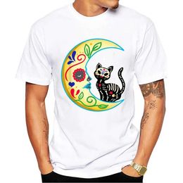 Men's T-Shirts THUB Male Casual Hallown Day Of The Dead Men Clothing Vintage Cat Moon Sugar Skull Mexican Print Mens T-Shirt Y240509