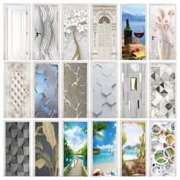 Stickers Custom Size 3D Geometric Door Stickers Self Adhesive Waterproof Modern Fashion Scenery Home Room Door Wrap Mural Cover Wallpaper