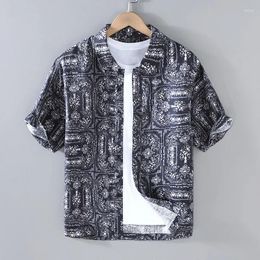 Men's Casual Shirts Retro Japan Style Floral Printed Linen Men Summer Short Sleeve Loose Blouses For Youth Male Light Thin Tops