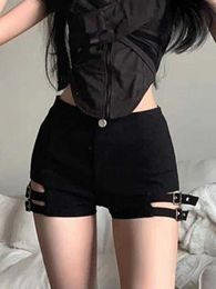 Women's Shorts QWK 2024 Y2k Sexy Bandage Coquette Denim Shorts Women 2024 Spring Summer Fahsion Strtwear Black High Waist Jeans Y240504