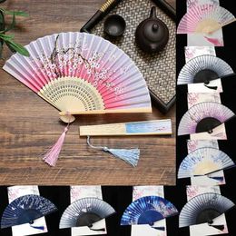 Chinese Style Products Silk Bamboo Folding Fan Tassel Pendant Dancing Hand Held Fan Vintage Chinese Style Flower Printed Fan Wedding Decor