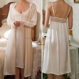 Women's Robe Women Robe Suit V-Neck Chemise Nightgown Summer Lace Sleepwear With Buttons Sexy Bridal Wedding Bathrobe Set Elegant Nightwear