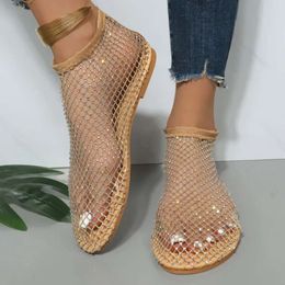 Fashion Women's Rhinestone Fishing Net Sandals Bottom Footware Roman Flat Party Shoes Zapatillas Mujer 2024