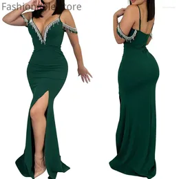 Casual Dresses Women Sexy Rhinestone Tassels Camisole Dress Spaghetti Strap Backless High Split Party