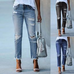 Women's Jeans Pencil Pants Ripped Slim Fit High Waist Vintage Streetwear Casual Hole Women Fashion Stretch Blue Woman