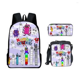 Backpack Trendy Fashion Funny Numberblocks 3D Print 3pcs/Set Pupil School Bags Laptop Daypack Lunch Bag Pencil Case