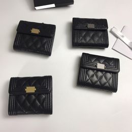 Womens Designer Sac Boy Card Holder Wallet Black Coin Purse Caviar Leather Calfskin Lambskin Antique Gold Silver Metal Hardware Trifold 297P