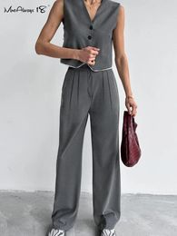 Women's Two Piece Pants Grey Pleated Suits Spliced Pieces Office Outfits Blazers Tops Women Long 2-Piece Sets Summer 2024