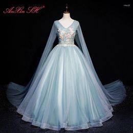 Party Dresses AnXin SH Princess Pink Flower Blue Lace Evening Dress Vintage Stage Host Beading Crystal Illusion Ball Gown