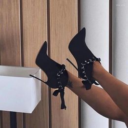 Boots Est Black Butterfly-knot Metal Heels Ankle Pointed Toe Chain Decor High Heel Short Shallow Women Dress Shoes