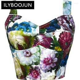 Women's Tanks ILYBOOJUN Fashion Designer Summer Cotton Short Top Women Spaghetti Strap Sleeveless Floral Print Vintage Backless Tops