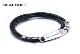 Medic Tag Black Braided Leather Triple Wrap Alert Bracelet DIABETES HYPOGLYCEMIA5821775