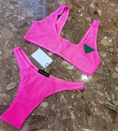 Women's Swimwear Candy Colour Pleated Sexy Beach Bikini Surf Holiday Triangle Split Thong Swimsuit