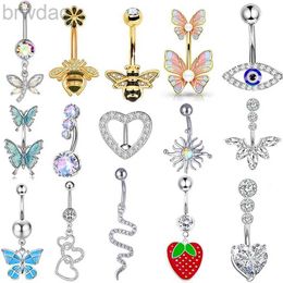 Navel Rings Dainsty Dangled Belly Button Rings Surgical Steel 14G Bar Navel Piercing Ring Crystal CZ Bee Flower Heart Belly Ring Ear Jewellery d240509