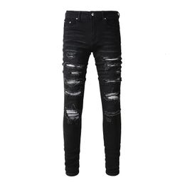 Mens pleated patch bicycle jeans street clothing tight fitting tape elastic denim pants pleated patch black Trousers 240508