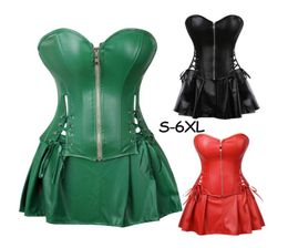 Plus Size S6xl Black Zipper Pu Leather Corset Bustier Dress Set Overbust Sexy Lingerie Women Lace Up Corselet Tops Skirt Thong Y12670190