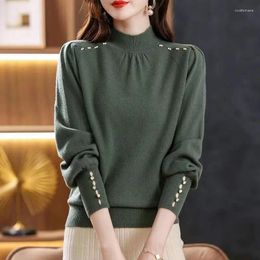 Women's Sweaters Autumn Winter Korean Simple Commuter Versatile Half High Neck Sweater Solid Folds Button Screw Thread Fashion Knit Top