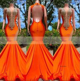 Arabic Prom Dresses Luxurious Crystal Beaded Rhinestone Orange Deep V Neck Evening Dress Mermaid Formal Party Gowns Open Back Sleeveless 0509