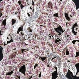 100pcs Silver Colour Pink Crystal Rhinestone Ribbon Breast Cancer AWARENESS Charms Dangle Beads Pendant Jewellery Findings 2655