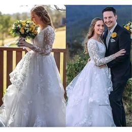 Tulle Romantic Lace Wedding Dresses Sheer A Line Long Sleesves Appliques V Neck Bridal Gowns Plus Size Robes De Mariage 0509