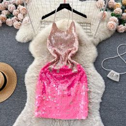 Casual Dresses 2024 Pink Gradient Sequins Dress Women Robe Elegant Sexy Halter Backless Cocktail Club Birthday Party Prom Summer Female