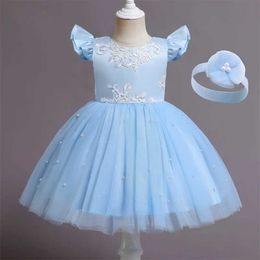 Girl's Dresses Cute Baby Girl Tutu Dress Embroidery Lace Flower Princess Gown For 1st Birthday Party Newborn Babi Blue Bead Prom Tulle Clothes