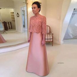 Long Pink Mother of the Bride Dress with Lace Coat Three Quarter Sleeve Bow Floor Length Formal Party Gowns Custom Size 0509