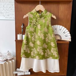 Girl's Dresses Summer Dress 2024 Summer New Chinese Style Skirt Girls Flower free Long sleeved Childrens Green Design GirlL2405