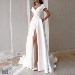 Casual Dresses Elegant Women Long Maxi Dress V Neck Cap Sleeve Hollow Out Back A-Line Shap Split Floor Length Wedding Patry