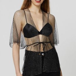 Women Short Sleeves Cardigans Trend Fishnet Bikinis Cover Up Sexy See Through Swimsuit Open Front Swim Cardigan