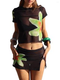 Work Dresses Women Floral Print Mini Skirt Sets Summer 2 Piece Outfits Sheer Mesh Short Sleeve Shirt Slit Skirts Suit Streetwear