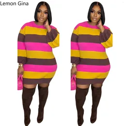 Casual Dresses Lemon Gina Women Long Sleeve O-neck Striped Colorblocked Knit Ribbed Straight Sweater Dress 2024 Street Fashion Vestidos