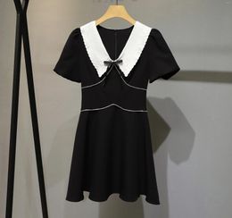 Party Dresses Cute Fashion Simple And Generous Lady Temperament 2024 Summer Retro Waist Bow Contrast Colour Lapel Black Dress Female