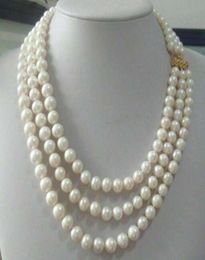 Triple Strands 8-9mm Real South Sea White Pearl Necklace 18-20 Hot1302196