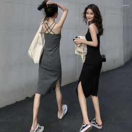 Casual Dresses Mid Length Suspender Dress Summer 2024 Women Fashion Elegant Slim Backless Solid Colour Strap Commute Sleeveless