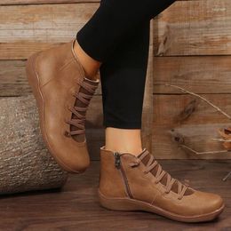 Boots Women Winter Leather Ankle Spring Flat Shoes Woman Short Vintage 2024 For Lace Up Large Size Zapatos