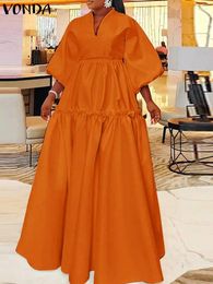 Casual Dresses VONDA Women Elegant Maxi Dress 2024 Summer Solid Colour 3/4 Lantern Sleeve Long Shirt Sundress Loose Ruffled Vestidos Robe