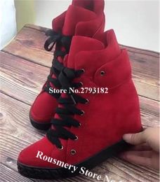 Boots Winter Women Warm Suede Leather Inside Wedge Short Red BlackSilver Lace-up Height Increased Wedges High Quality Shoes